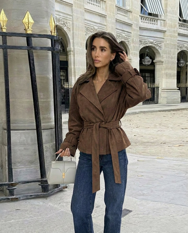 Women's Suede Jacket with Belted Waist & Notched Lapel | Retro