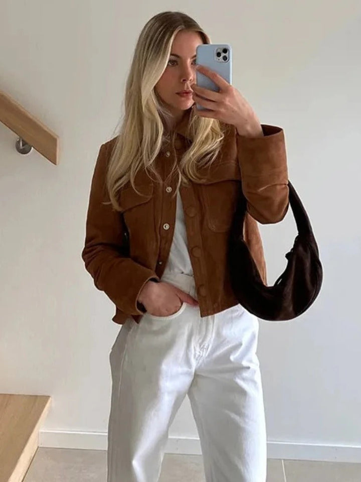Women's Suede Jacket with Button Front | Cropped
