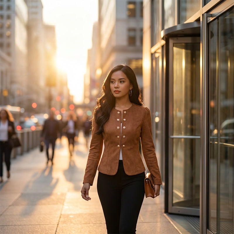 Women's Suede Jacket with Buttons | Collarles