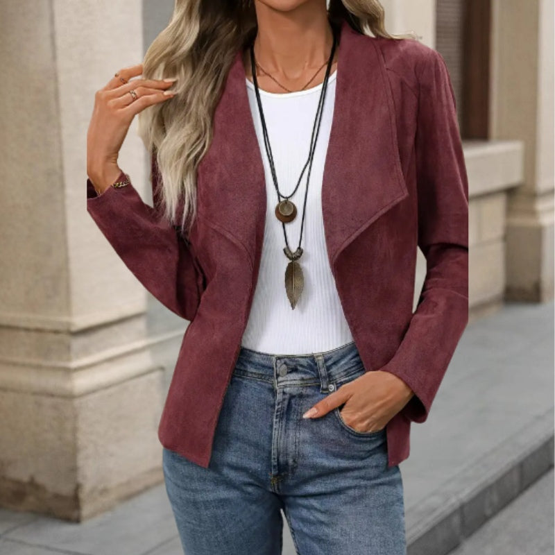 Women's Suede Jacket with Draped Lapel | Open Front