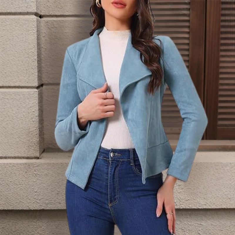 Women's Suede Jacket with Draped Lapel | Open Front