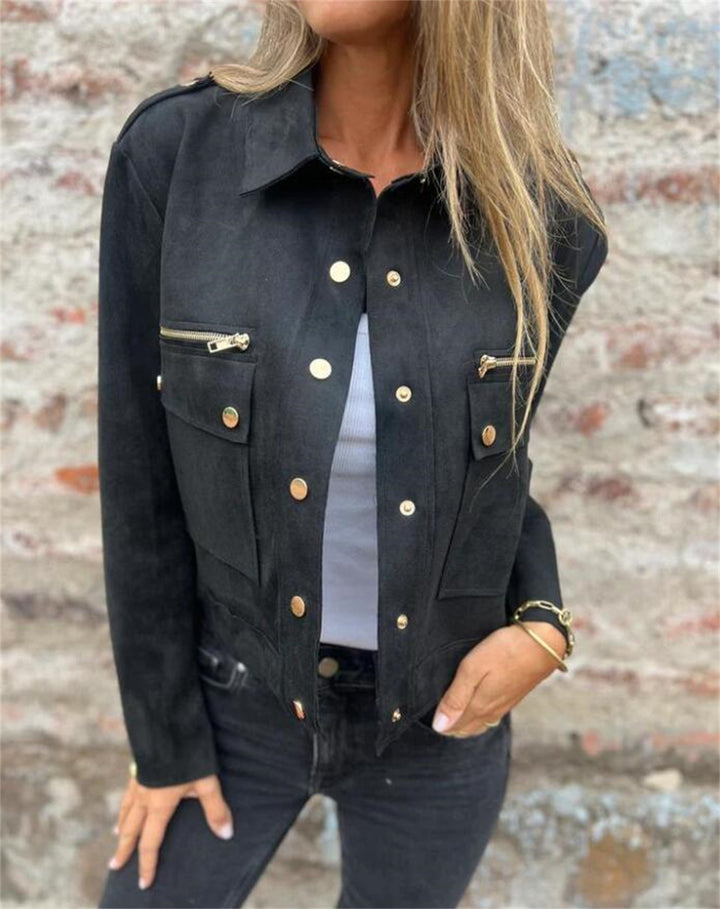 Women's Suede Jacket with Flap Pockets | Shirt Collar
