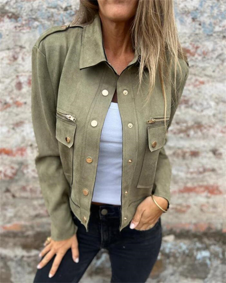 Women's Suede Jacket with Flap Pockets | Shirt Collar