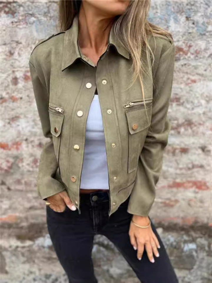Women's Suede Jacket with Flap Pockets | Shirt Collar
