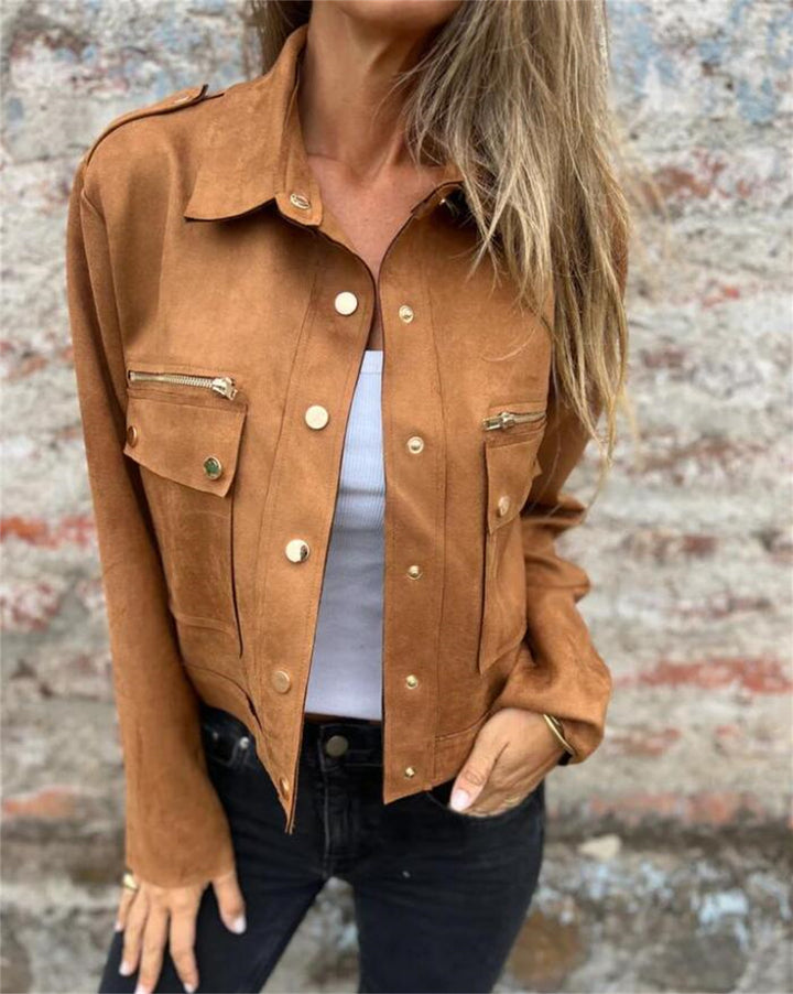 Women's Suede Jacket with Flap Pockets | Shirt Collar