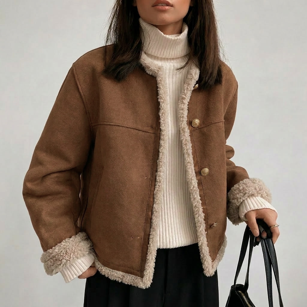 Women's Suede Jacket with Fluffy Lining & Button Front | Vintage Style