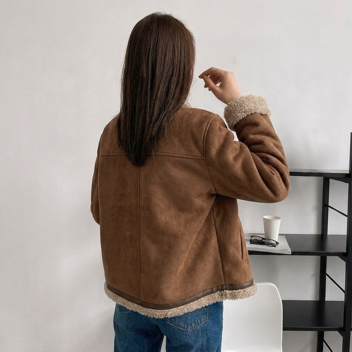 Women's Suede Jacket with Fluffy Lining & Button Front | Vintage Style