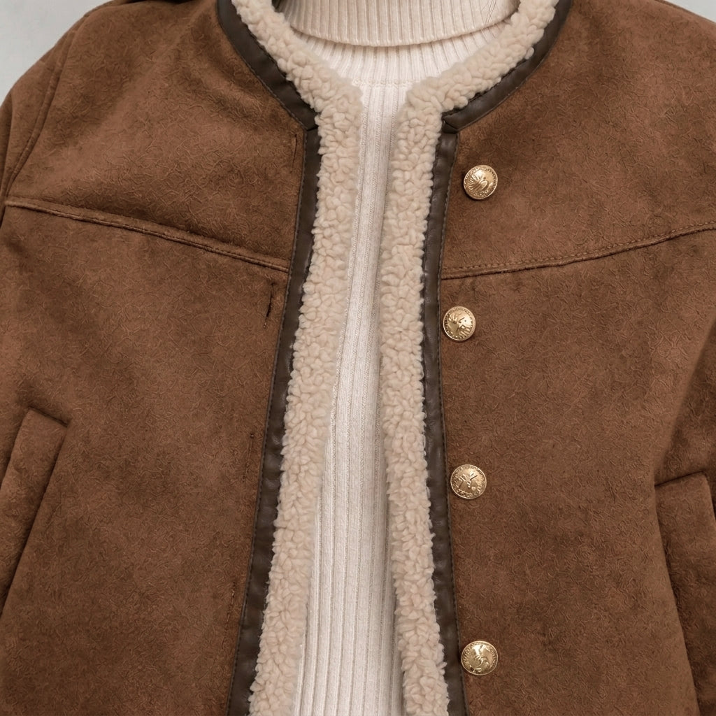 Women's Suede Jacket with Fluffy Lining & Button Front | Vintage Style