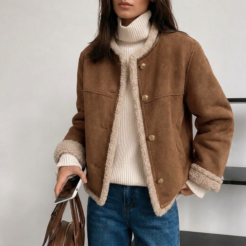 Women's Suede Jacket with Fluffy Lining & Button Front | Vintage Style