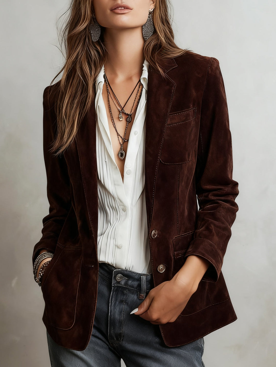 Women's Suede Jacket with Patch Pockets | Notch Lapel