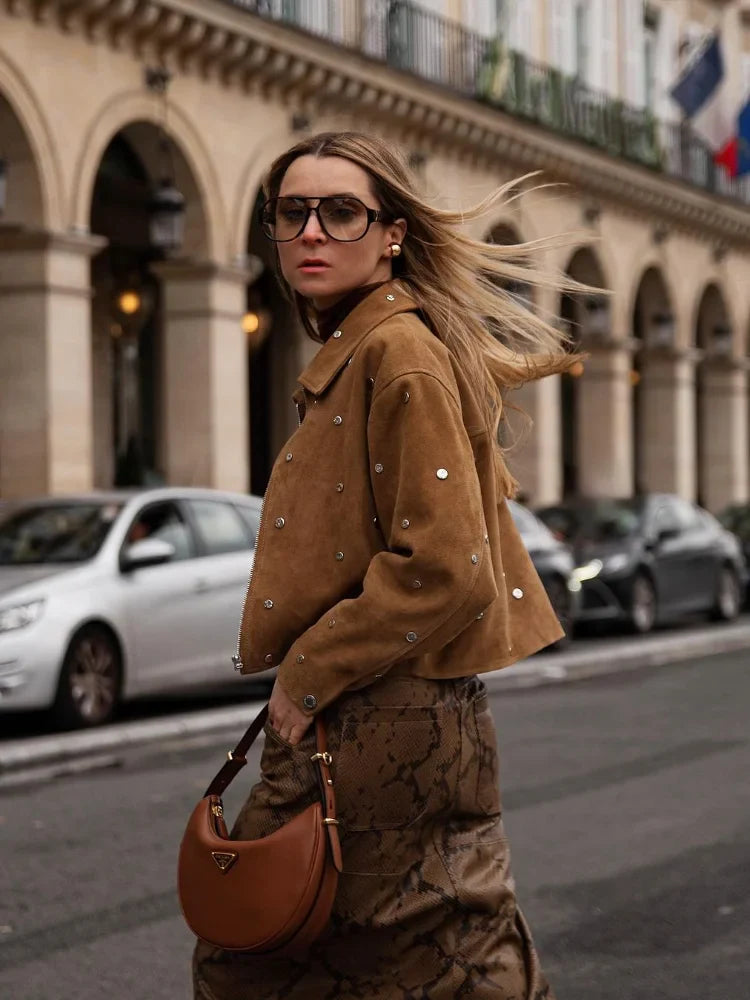 Women's Suede Jacket with Stud Detail | Cropped