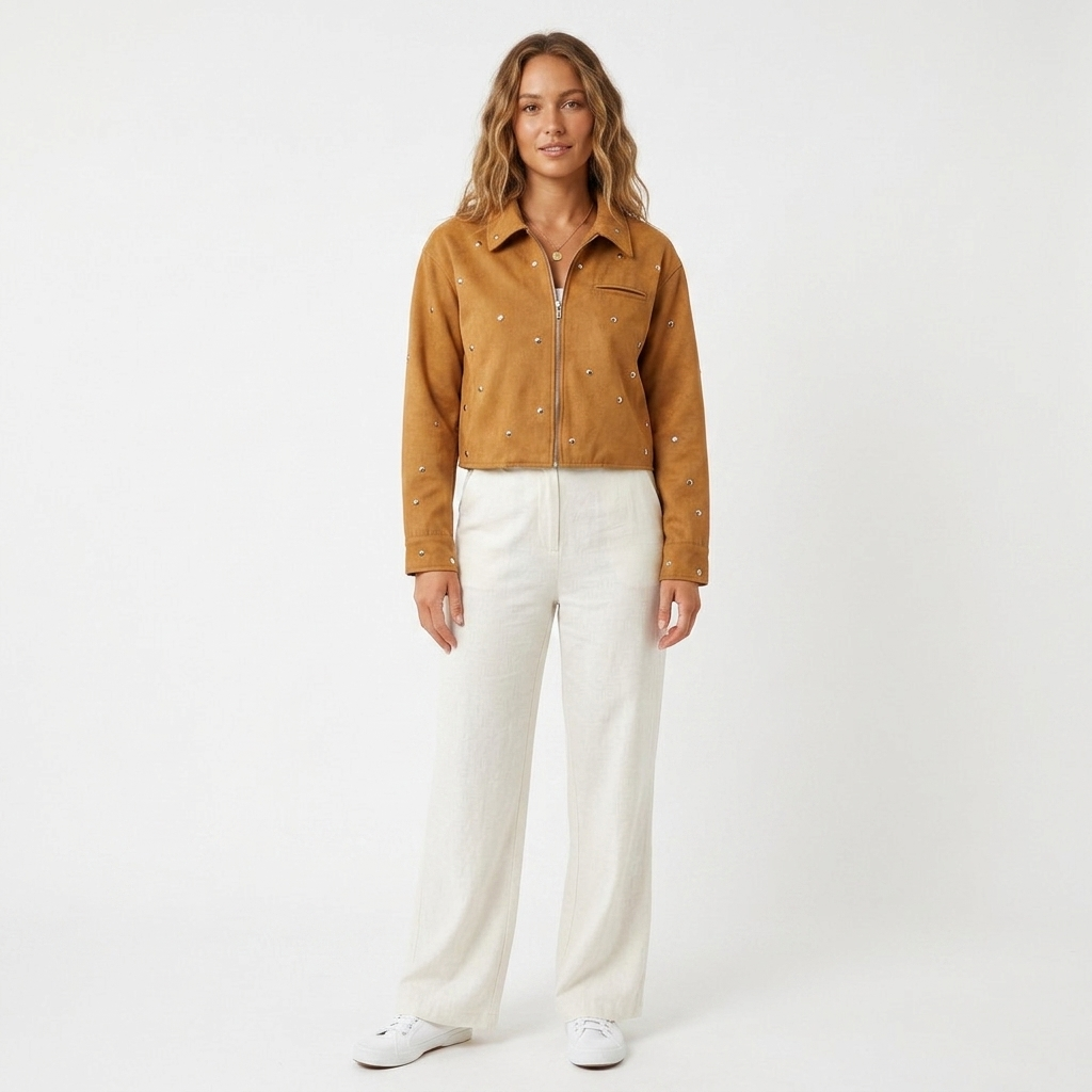 Women's Suede Jacket with Stud Detail | Cropped