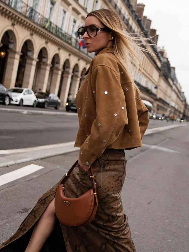 Women's Suede Jacket with Stud Detail | Cropped