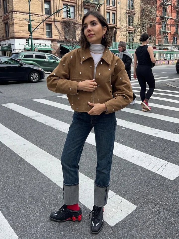 Women's Suede Jacket with Stud Detail | Cropped