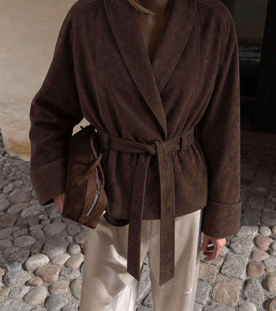 Women's Suede Jacket with Tie Belt & Notched Lapel | Trench