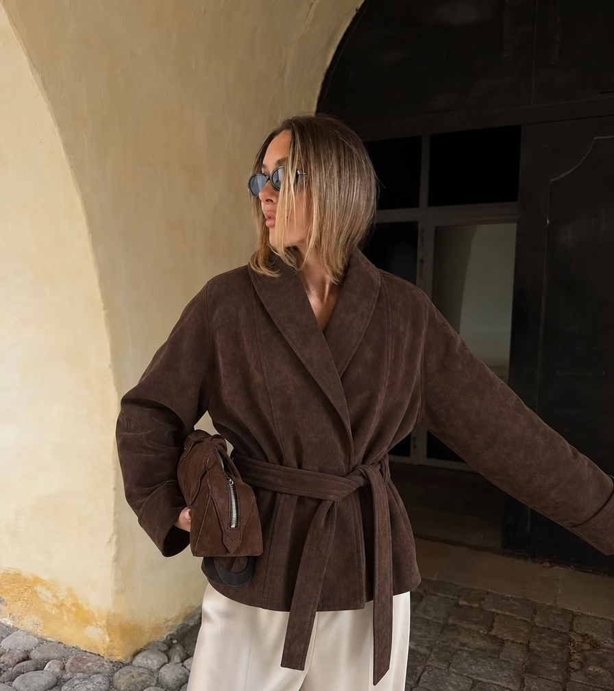 Women's Suede Jacket with Tie Belt & Notched Lapel | Trench
