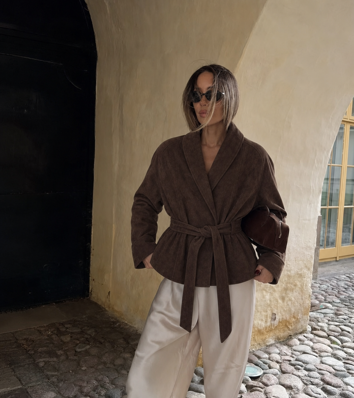 Women's Suede Jacket with Tie Belt & Notched Lapel | Trench