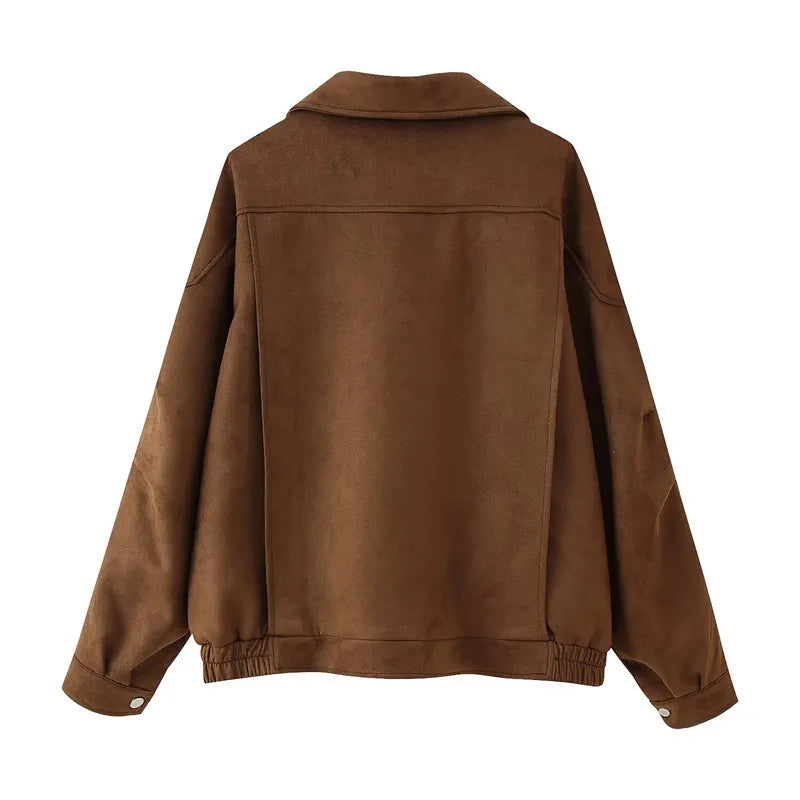 Women's Suede Jacket with Zip Front & Belted Waist | Oversized