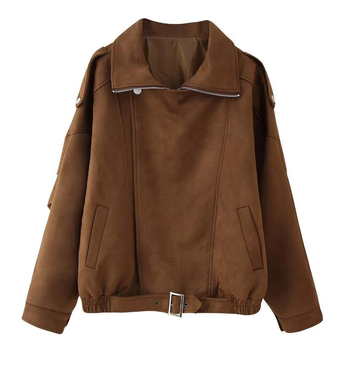 Women's Suede Jacket with Zip Front & Belted Waist | Oversized