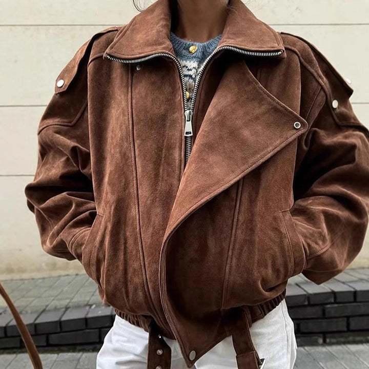 Women's Suede Jacket with Zip Front & Belted Waist | Oversized