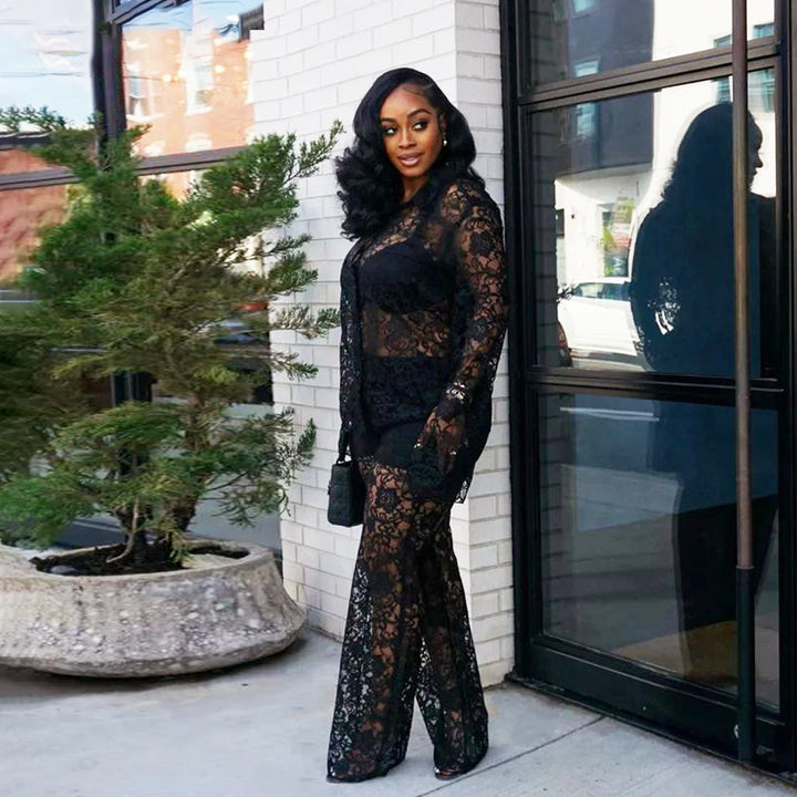 Women's Suits with Sheer Floral Shirt & Pants | Two-Piece Set