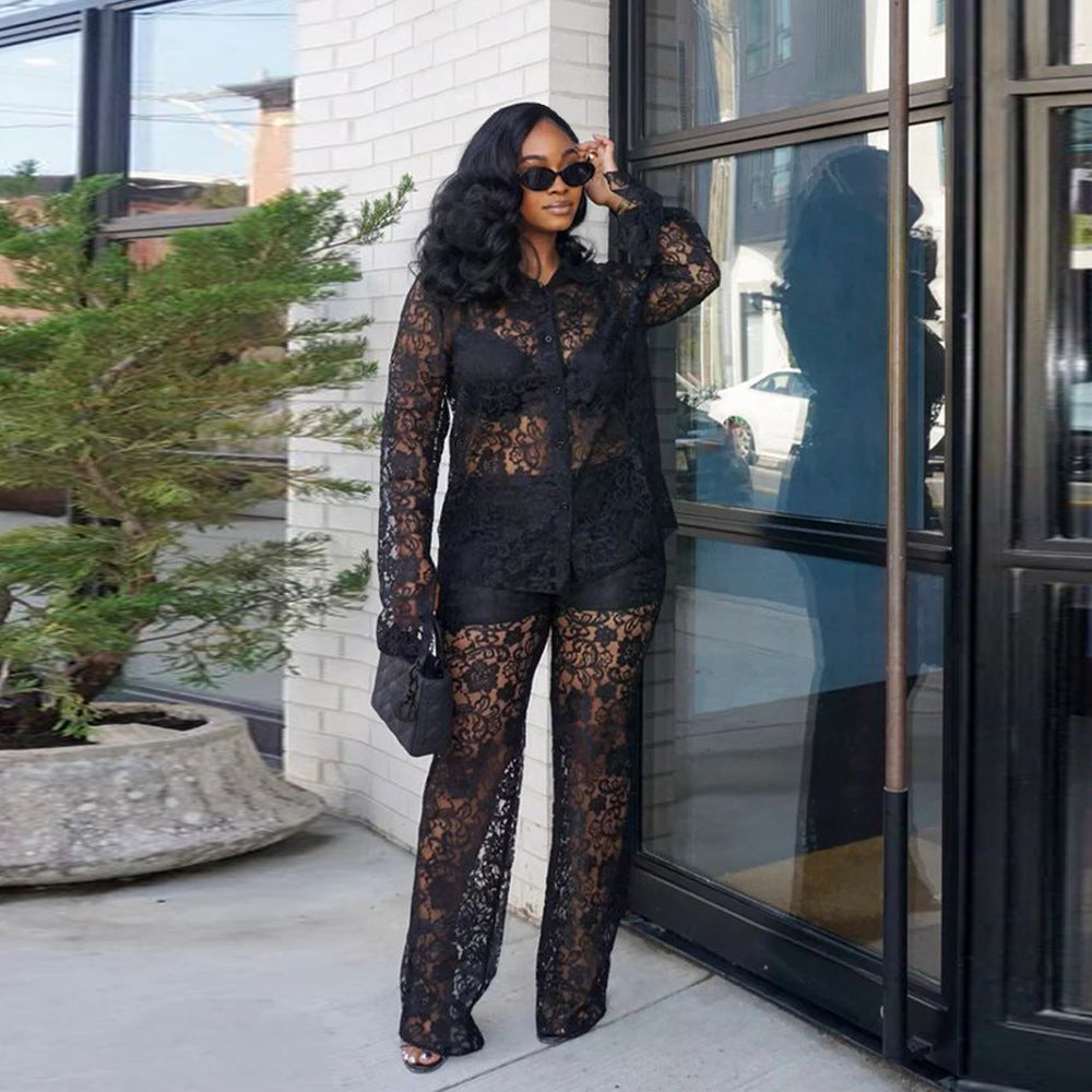 Women's Suits with Sheer Floral Shirt & Pants | Two-Piece Set