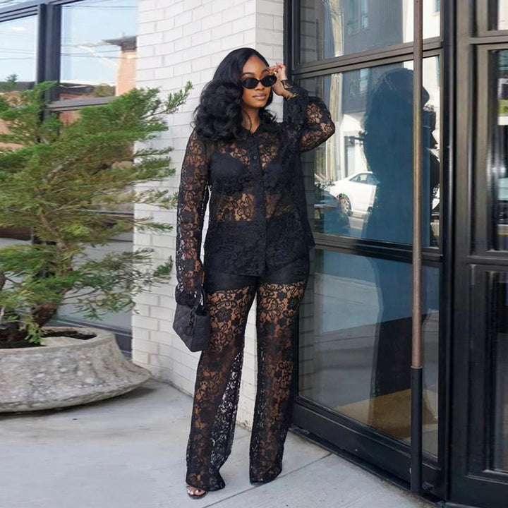 Women's Suits with Sheer Floral Shirt & Pants | Two-Piece Set