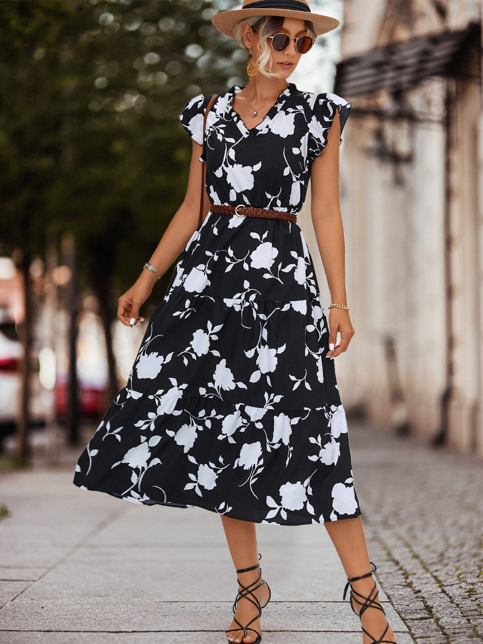 Women’s Summer Dress Floral Midi | Tiered & Flutter Sleeve