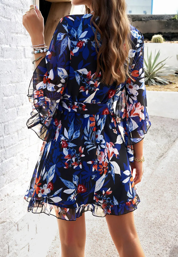 Women’s Summer Dress Floral Wrap | Flare Sleeve Ruffle Hem