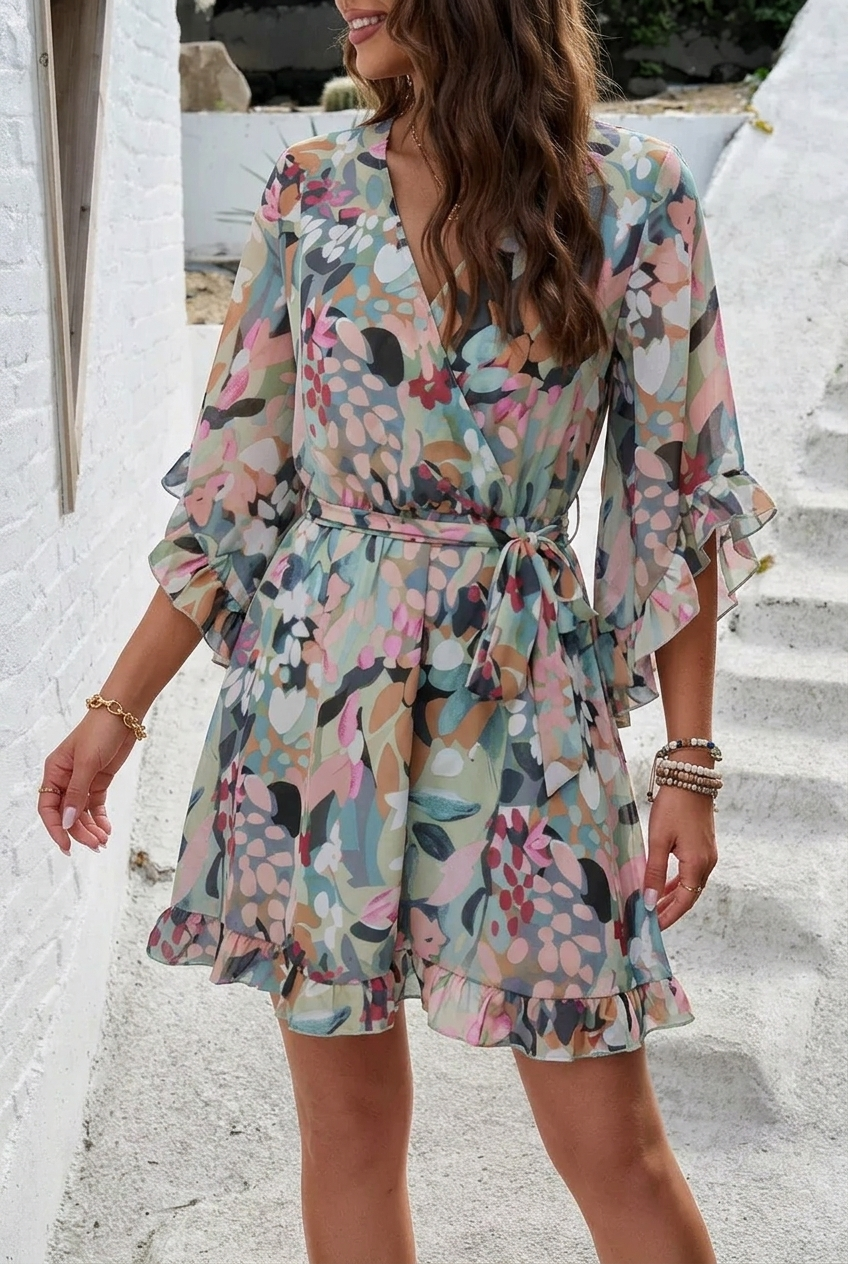 Women’s Summer Dress Floral Wrap | Flare Sleeve Ruffle Hem