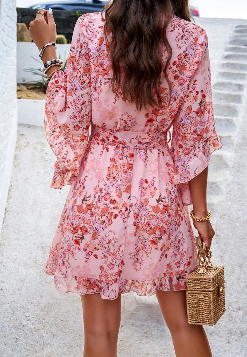 Women’s Summer Dress Floral Wrap | Flare Sleeve Ruffle Hem