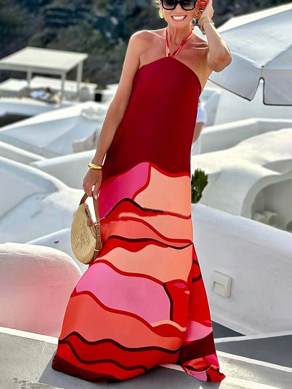 Women's Summer Dress Halter Neck with Abstract Print | Maxi