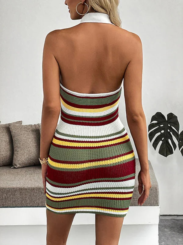 Women's Summer Dress Knit with Collar & Stripes | Mini