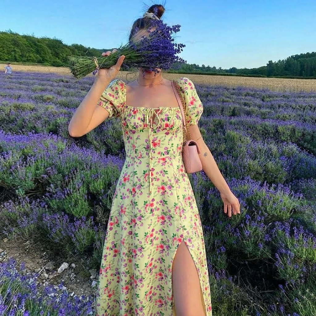 Women's Summer Dress Puff Sleeve | Floral Maxi
