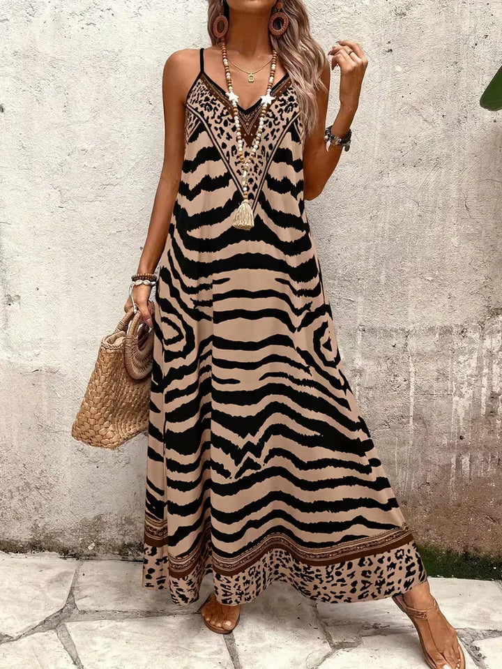 Women’s Summer Dress with Animal Print & V-Neck | Maxi