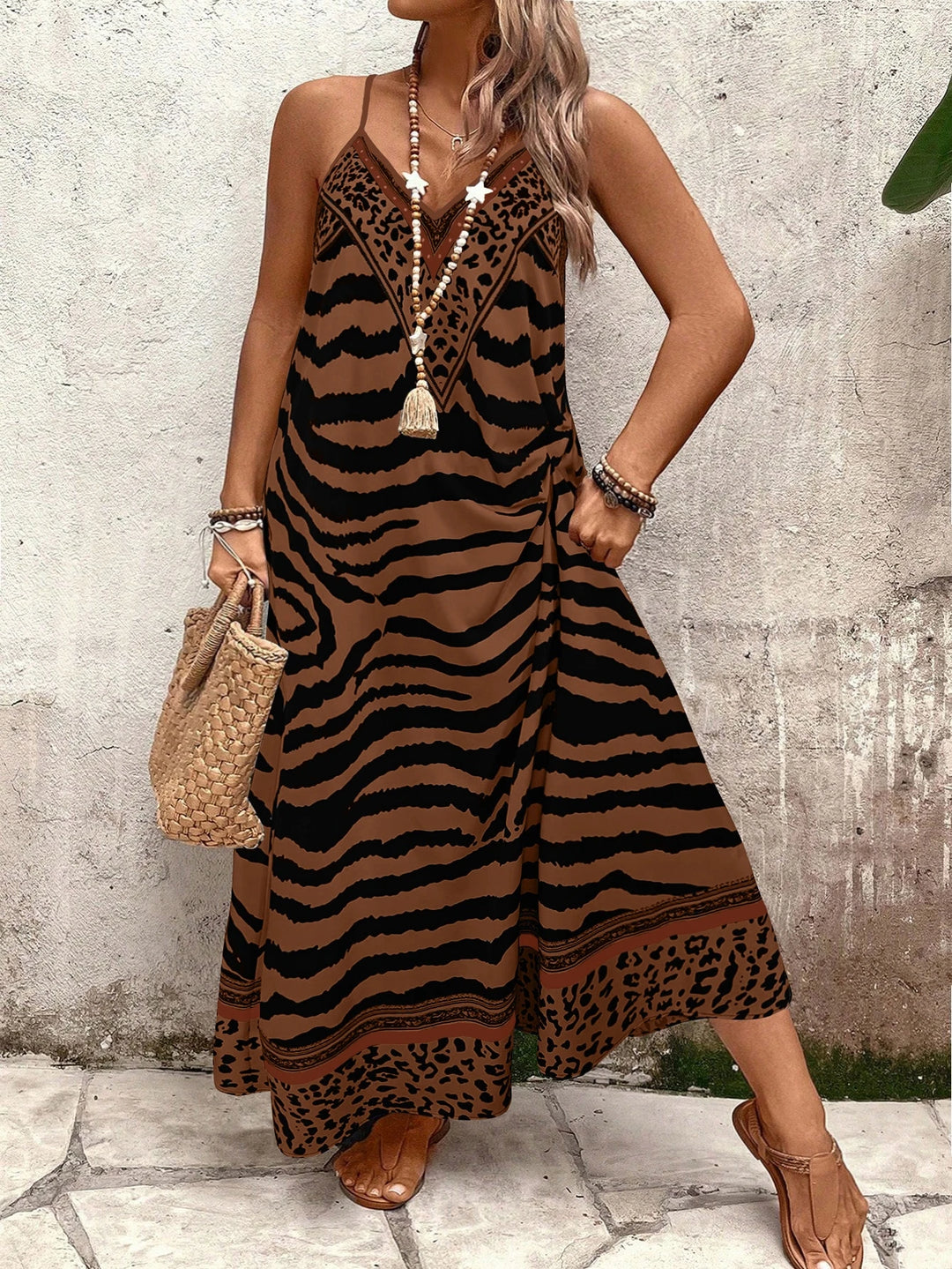 Women’s Summer Dress with Animal Print & V-Neck | Maxi