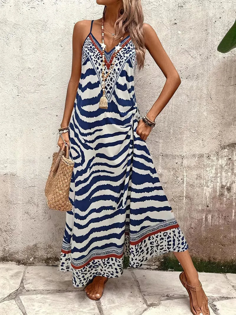 Women’s Summer Dress with Animal Print & V-Neck | Maxi
