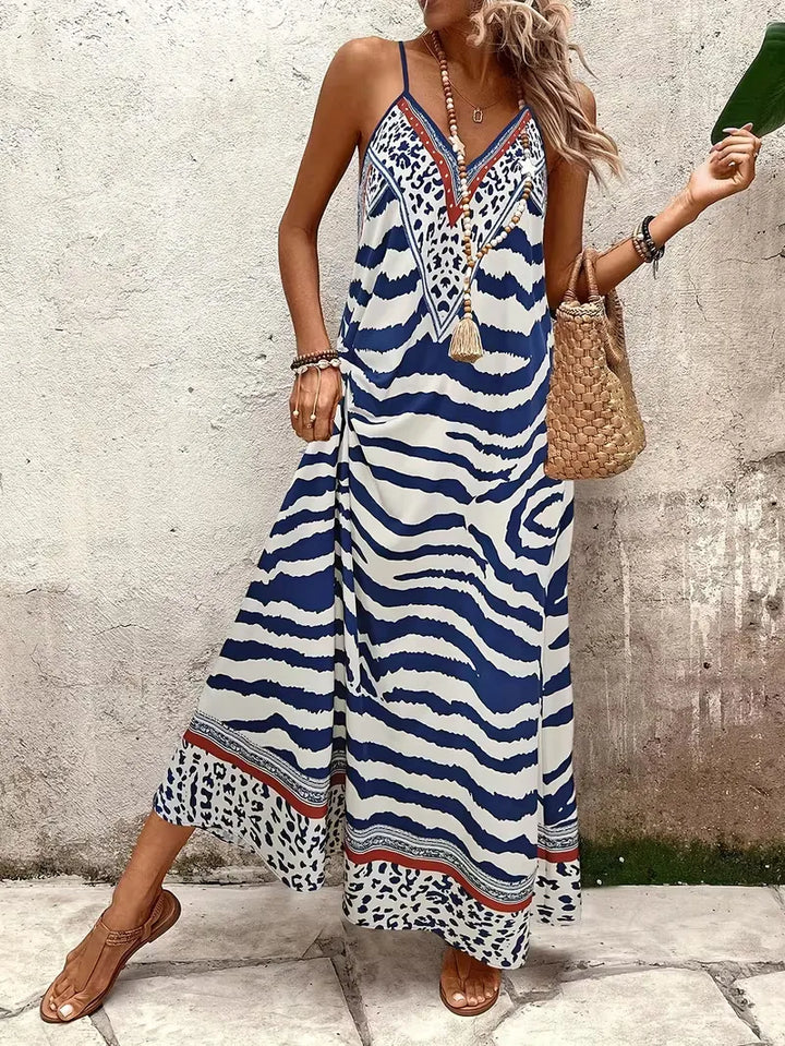 Women’s Summer Dress with Animal Print & V-Neck | Maxi