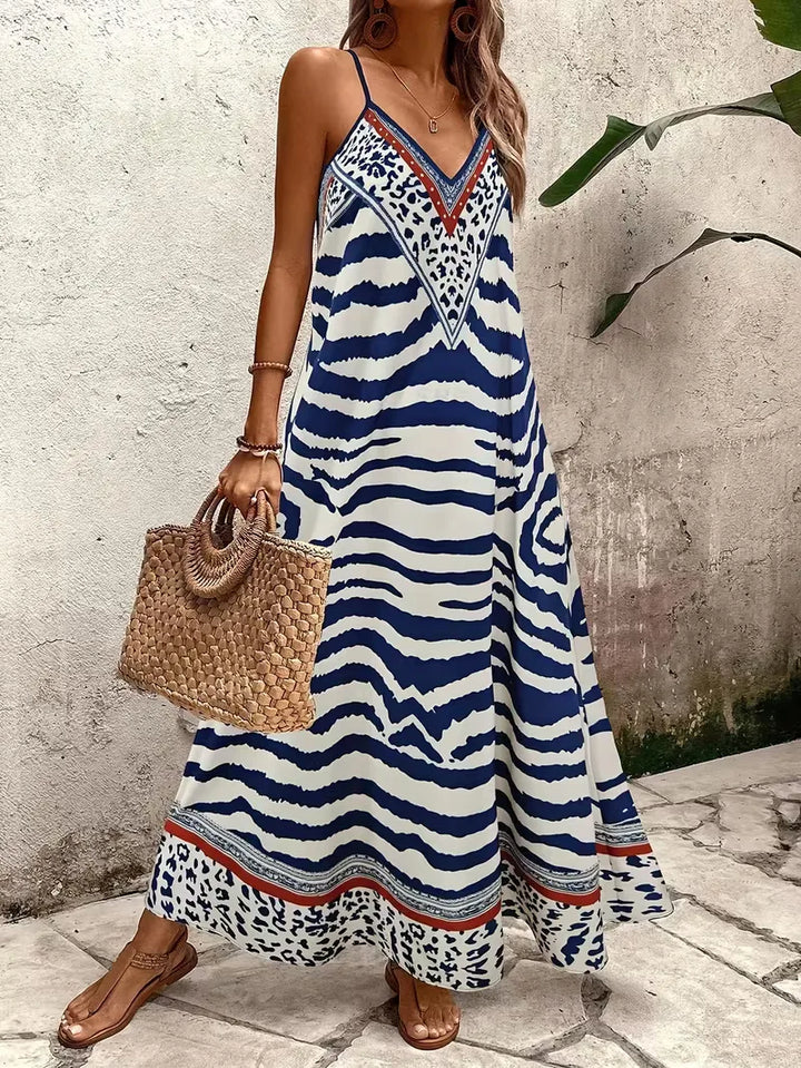 Women’s Summer Dress with Animal Print & V-Neck | Maxi