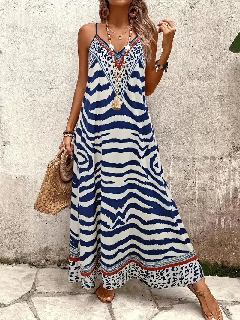 Women’s Summer Dress with Animal Print & V-Neck | Maxi