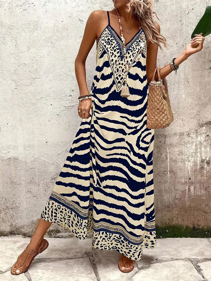 Women’s Summer Dress with Animal Print & V-Neck | Maxi