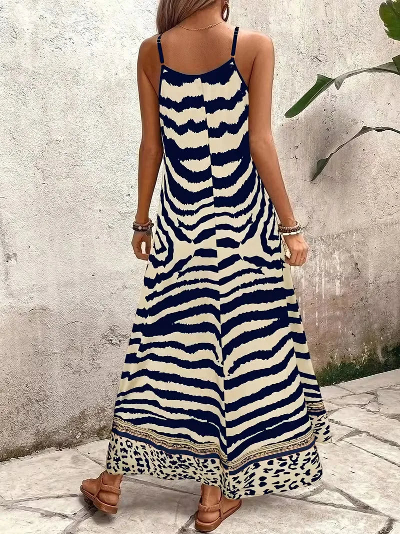 Women’s Summer Dress with Animal Print & V-Neck | Maxi