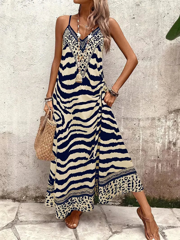 Women’s Summer Dress with Animal Print & V-Neck | Maxi