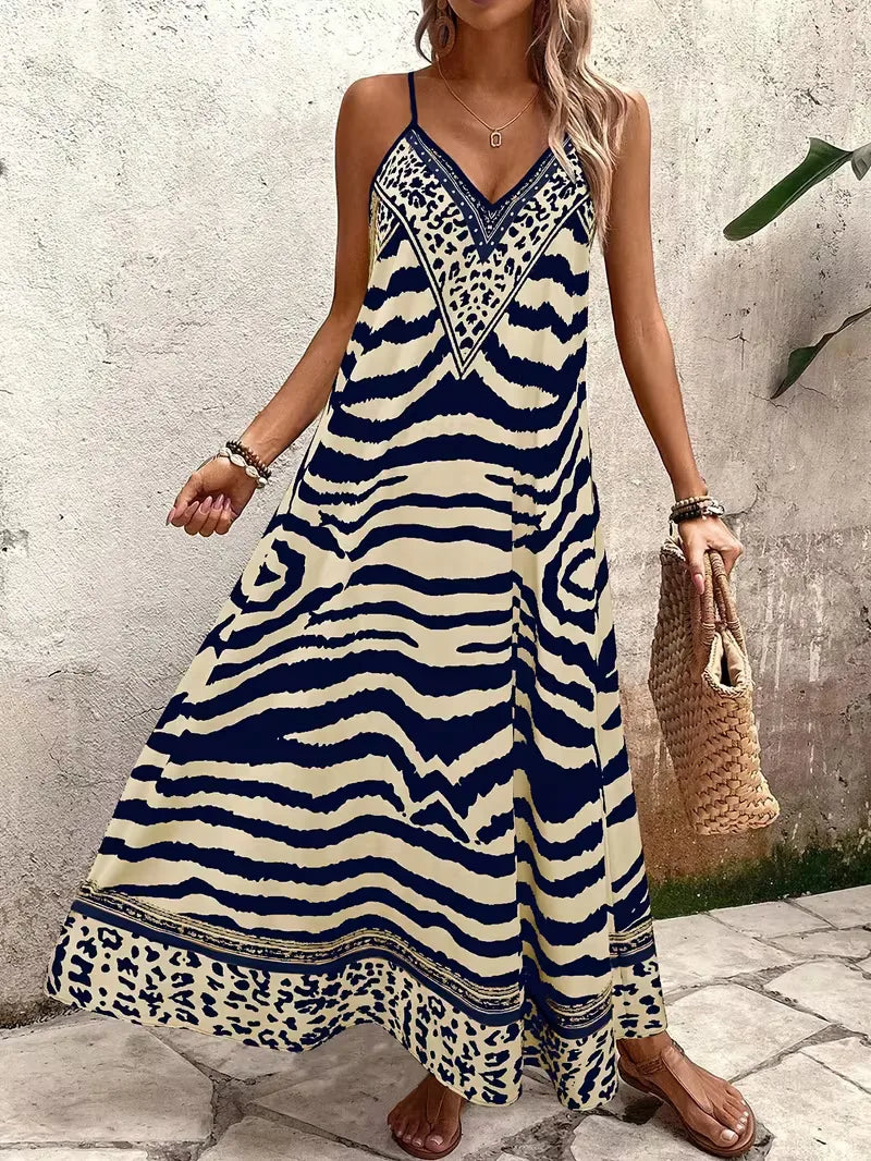 Women’s Summer Dress with Animal Print & V-Neck | Maxi