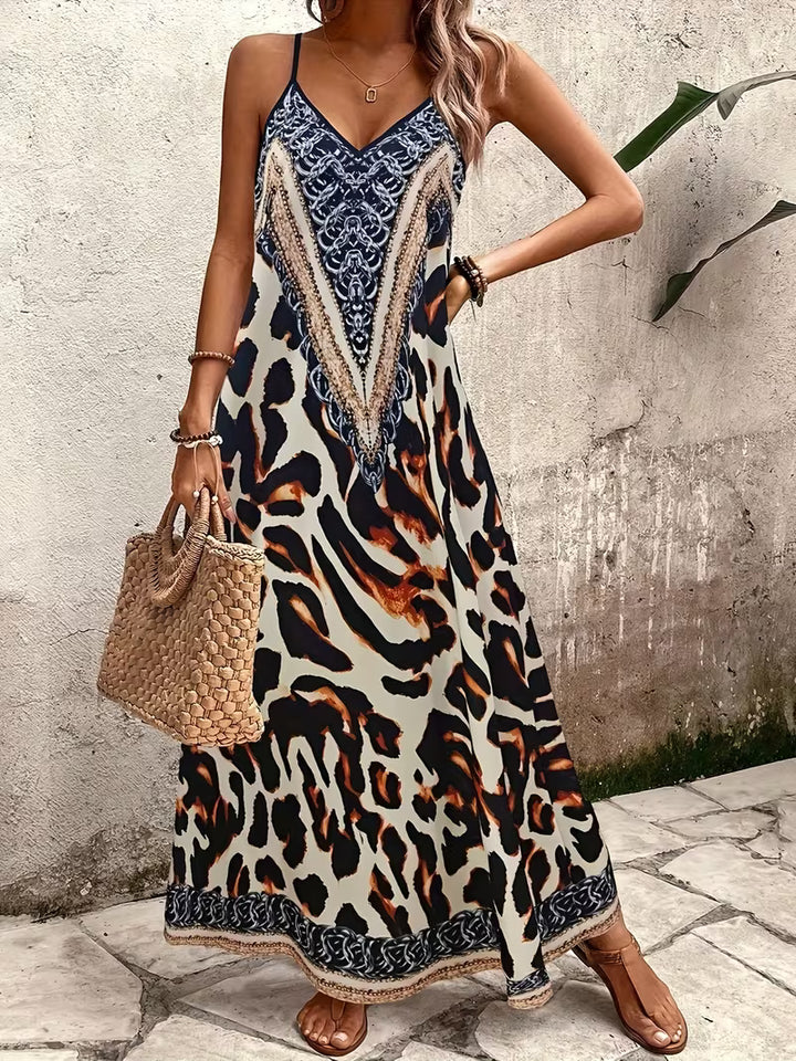Women’s Summer Dress with Animal Print & V-Neck | Maxi