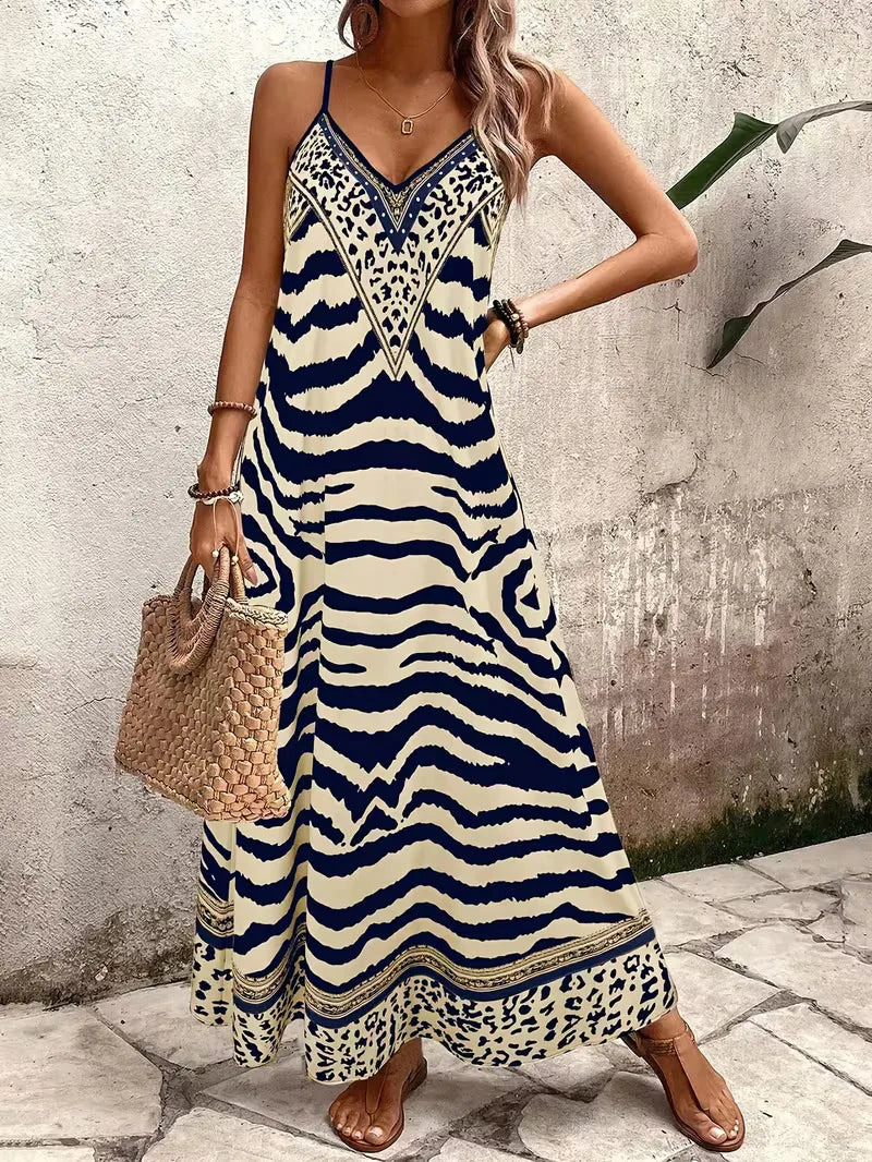 Women’s Summer Dress with Animal Print & V-Neck | Maxi