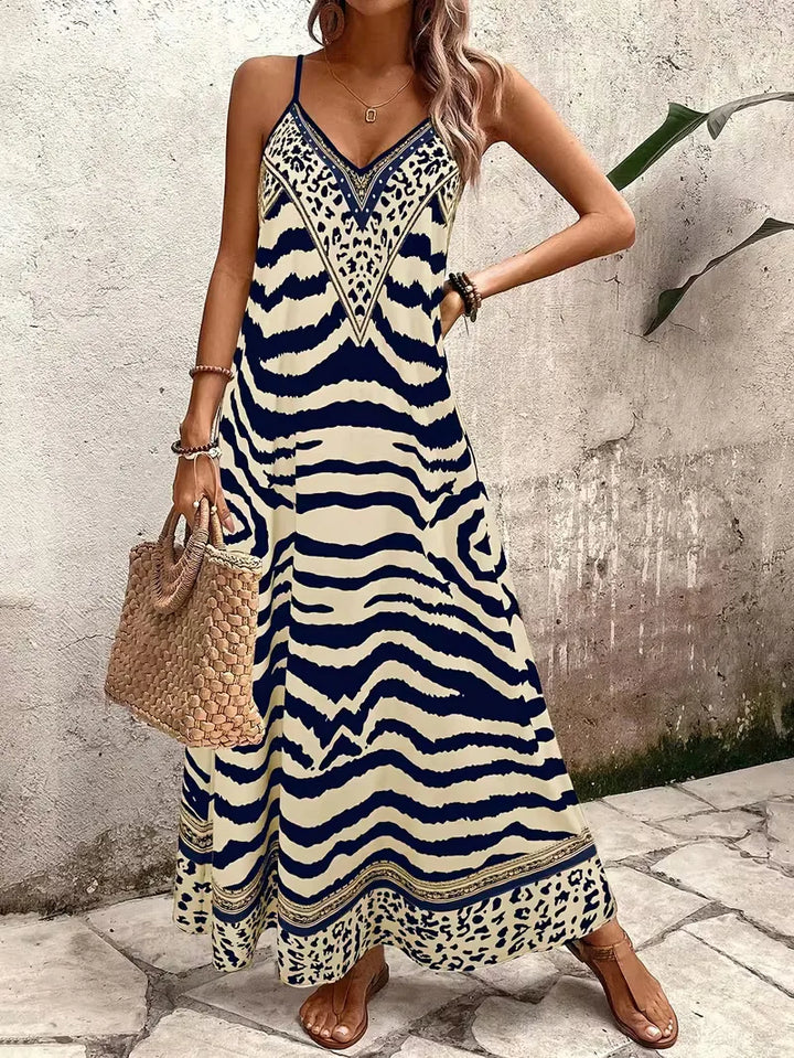 Women’s Summer Dress with Animal Print & V-Neck | Maxi