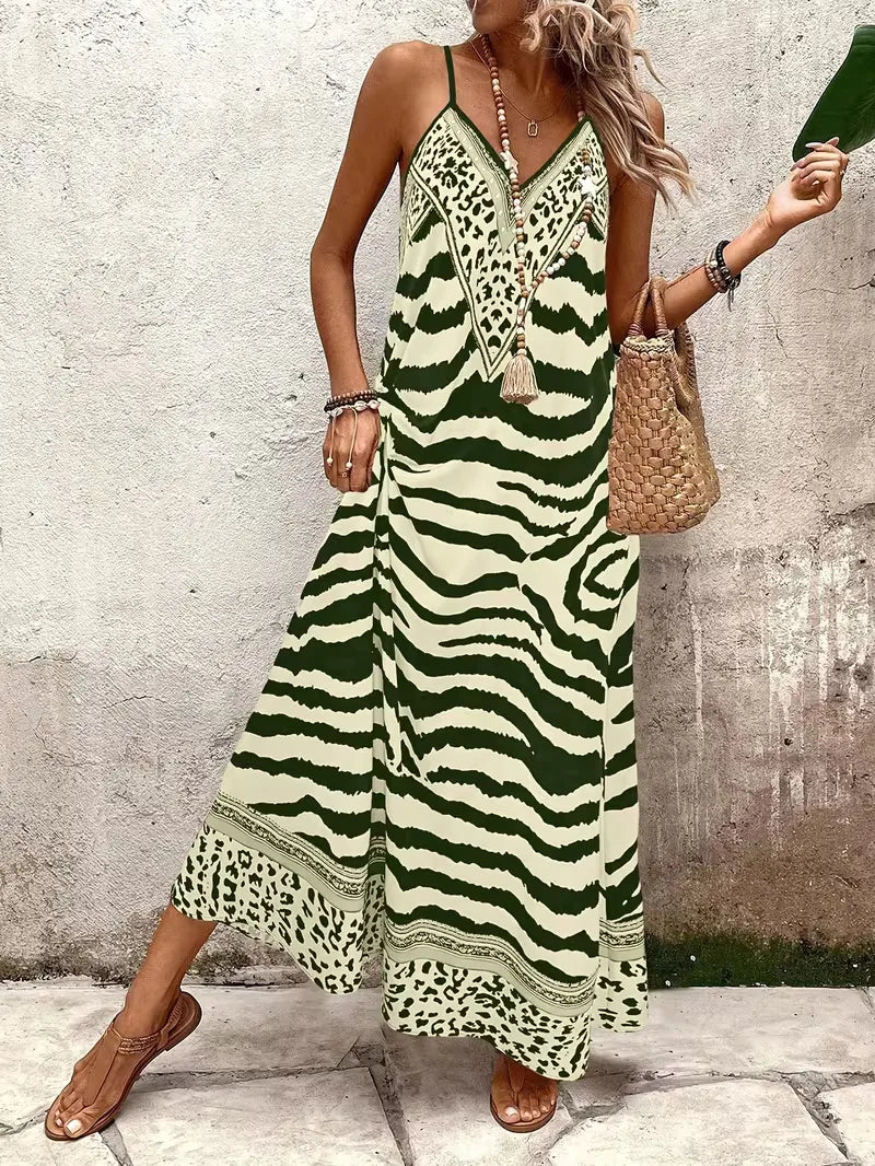 Women’s Summer Dress with Animal Print & V-Neck | Maxi