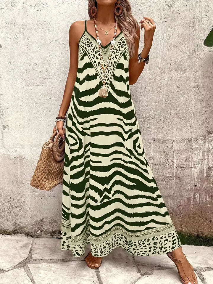 Women’s Summer Dress with Animal Print & V-Neck | Maxi