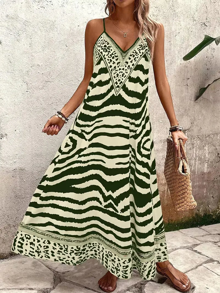 Women’s Summer Dress with Animal Print & V-Neck | Maxi